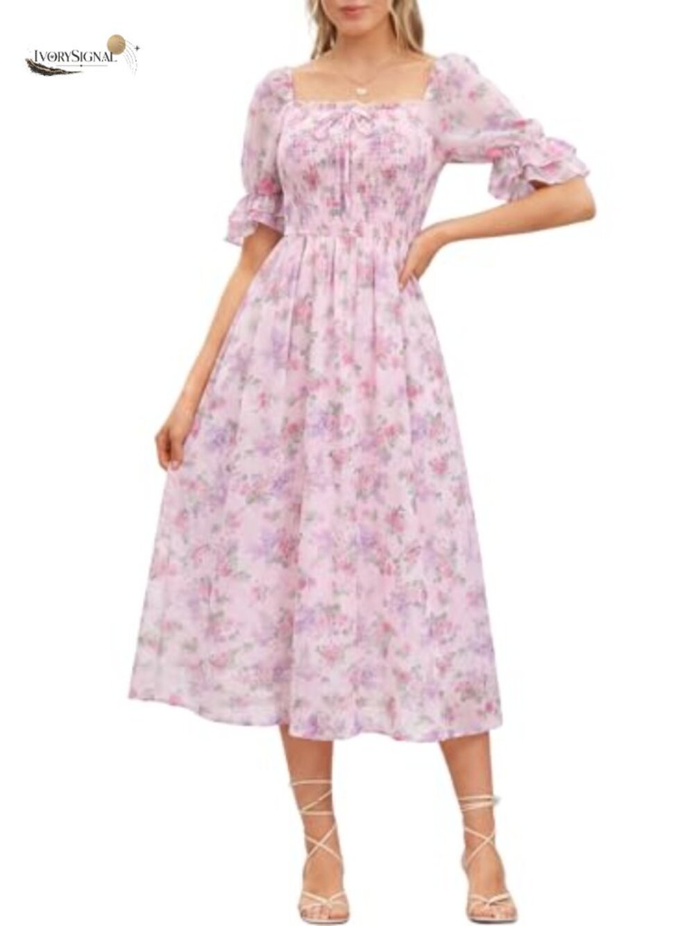 Cottagecore Floral Midi Dress Smocked Bodice Ruffle Sleeve Square Neck A-Line